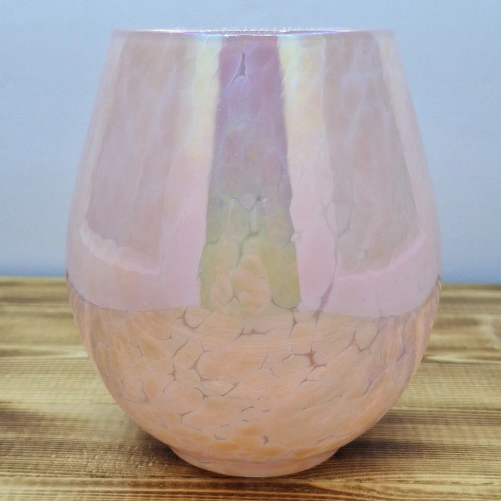 Pink Iridescent Studio Art Glass Hand Blown Vase Spotted 5.5 Inch Pontil‎